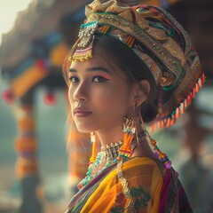 A beautiful Asian woman in the Thai traditional colorful cloth in festival	