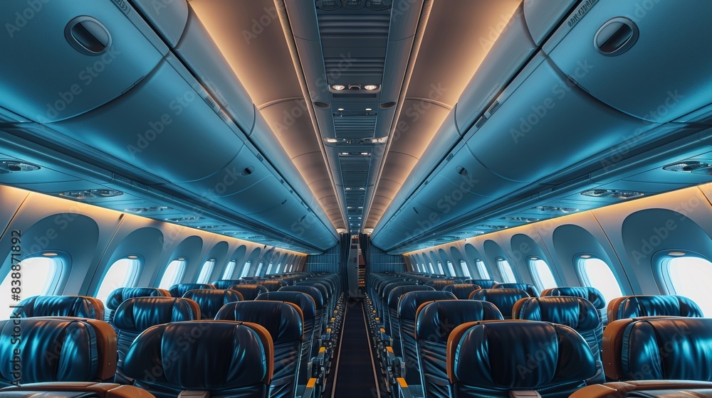 Wide-angle view of an empty plane cabin, showcasing rows of clean seats ...