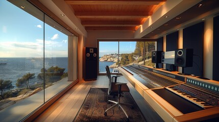 Wall Mural - A large, professional audio recording studio with windows overlooking the sea. Generative AI.