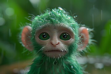 Adorable Green Furry Creature in Rainforest Environment - Nature, Wildlife, Rain, Close-up