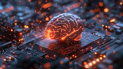 A human brain floating on top of an electronic circuit board, glowing with data flowing through it