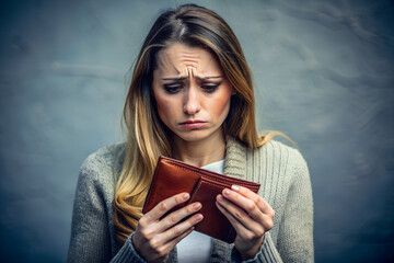 Wall Mural - Sad confused young woman with an empty wallet.