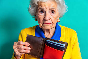 Wall Mural - Sad confused old senior woman showing in front empty wallet.
