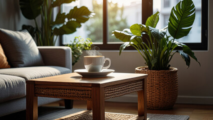 Modern cozy interior of living room with close-up a wooden coffee table, a cup of hot coffee or tea. Blurred background with design sofa, pillows, house plants in minimalist stylish home decoration.