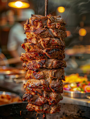 Sticker - Grilled meat shawarma on a skewer in a vibrant restaurant setting.