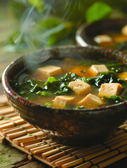 Wall Mural - Steaming bowl of tofu soup with vegetables on a rustic table.