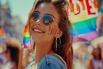 Wall Mural - Smiling young woman at a Pride parade with rainbow flag and sunglasses, embodying joy, freedom, and unity in a colorful, festive setting.