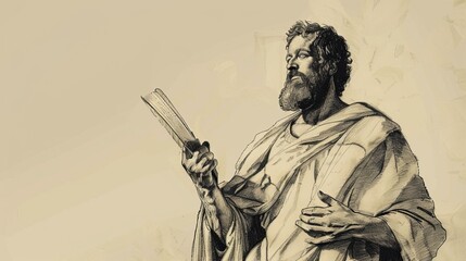 Wall Mural - Apostle Simon the Zealot Spreading Gospel with Zeal and Fervor - Biblical Illustration on Beige Background - Copyspace