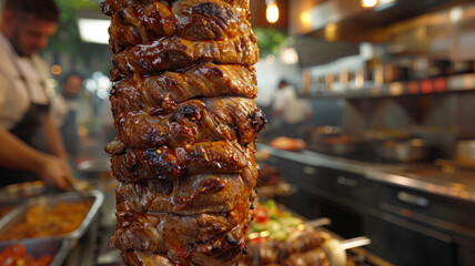 Wall Mural - Grilled meat kebab being cooked in a restaurant kitchen.