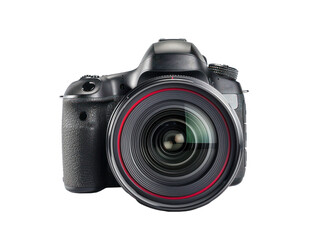 Front view of professional DSLR photo camera body with zoom lens in various angles. PNG files of isolated cutout objects on transparent backgrounds. media technology and photography concepts.