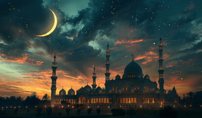 Nighttime view of a mosque with a crescent and stars in the sky. Generative AI