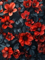 Wall Mural - Flowers pattern, red and black, dark vibes. Generative AI.