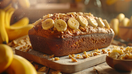Wall Mural - Freshly baked banana bread on a warm background with copy space.