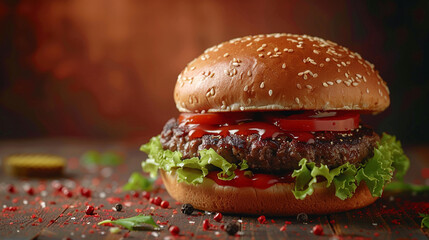 Wall Mural - Hearty beef burger on a brown background with copy space.