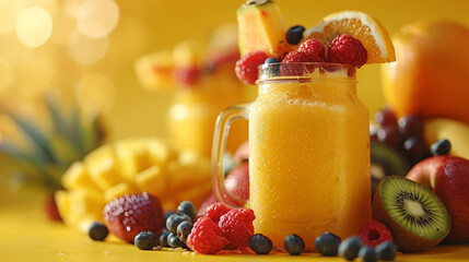 Wall Mural - Vibrant tropical fruit smoothie on a bright yellow background with copy space.