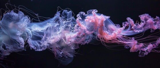 a close up of a jellyfish on a deep sea black background with a pink jellyfish in the middle of the frame. dark underwater scene illuminated by the gentle glow of jellyfish. Generative ai