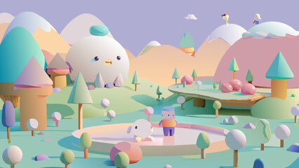 Wall Mural - Whimsical Pastel Fantasy Landscape with Cute Creatures