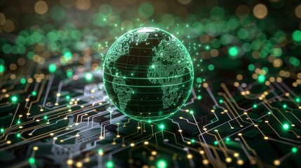 Fototapete - Green circuit board background with green lines with a digital globe in foreground with multiple connection points. Generative AI.