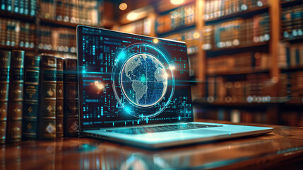 Wall Mural - a laptop with an ai digital sphere hologram on the screen, displaying code and data streams in front