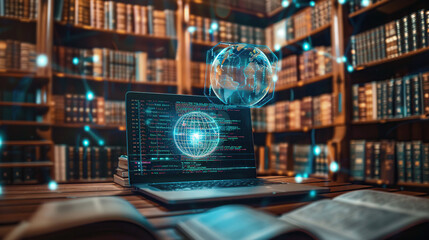 Wall Mural - a laptop with an ai digital sphere hologram on the screen, displaying code and data streams in front