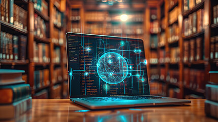 Wall Mural - a laptop with an ai digital sphere hologram on the screen, displaying code and data streams in front