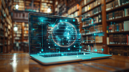 Wall Mural - a laptop with an ai digital sphere hologram on the screen, displaying code and data streams in front