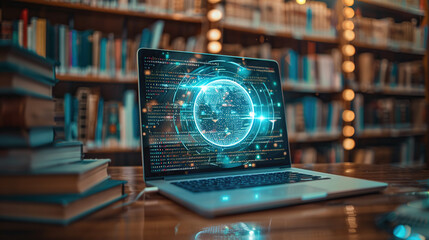 Wall Mural - a laptop with an ai digital sphere hologram on the screen, displaying code and data streams in front