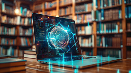 Wall Mural - a laptop with an ai digital sphere hologram on the screen, displaying code and data streams in front