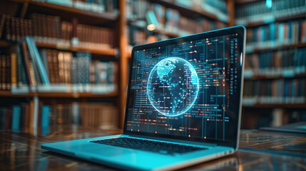 Wall Mural - a laptop with an ai digital sphere hologram on the screen, displaying code and data streams in front