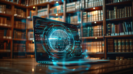 Wall Mural - a laptop with an ai digital sphere hologram on the screen, displaying code and data streams in front