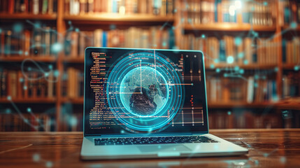 Wall Mural - a laptop with an ai digital sphere hologram on the screen, displaying code and data streams in front