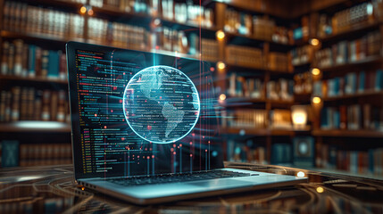 Wall Mural - a laptop with an ai digital sphere hologram on the screen, displaying code and data streams in front