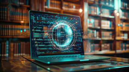 Wall Mural - a laptop with an ai digital sphere hologram on the screen, displaying code and data streams in front