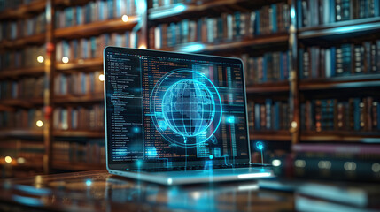 Wall Mural - a laptop with an ai digital sphere hologram on the screen, displaying code and data streams in front