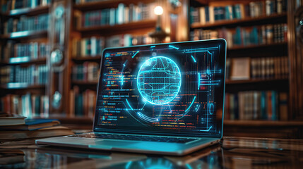 Wall Mural - a laptop with an ai digital sphere hologram on the screen, displaying code and data streams in front