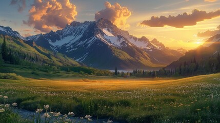 A serene mountain landscape, with lofty peaks draped in a patchwork quilt of snow and lush green fields. The horizon is kissed by a golden sunrise. Generative AI.