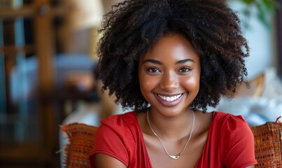 Wall Mural - happy young african american young woman sitting in her chair smiling