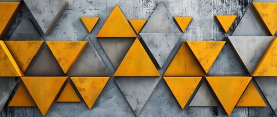 Wall Mural - yellow and grey triangles on concrete wall background, geometric pattern