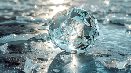 A shattered glass sphere with cracks radiating outwards, casting a distorted reflection on a metallic silver background.