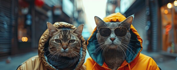 Poster - Two rapper kitty cats on a city street wearing hip hop clothes and science fiction fashion