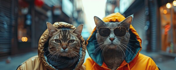 Canvas Print - Two rapper kitty cats on a city street wearing hip hop clothes and science fiction fashion