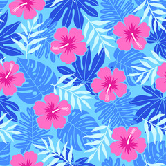 Wall Mural - Hand drawn pink hibiscus flower with blue tropical leaf seamless pattern design for summer holidays background.