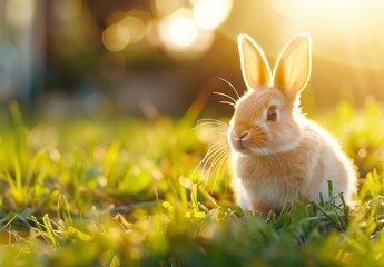 Canvas Print - a cute little rabbit in the grass at sunset