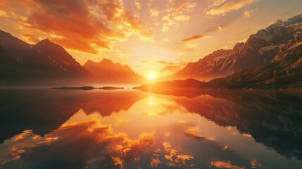 Wall Mural - A breathtaking sunrise over a tranquil mountain lake with a reflection of the peaks.