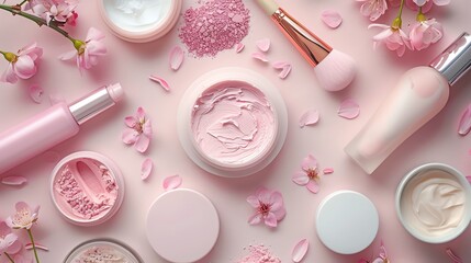 Pink beauty products and cherry blossoms on a pink background.