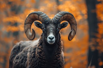 Canvas Print - Mountain argali close-up in the autumn forest