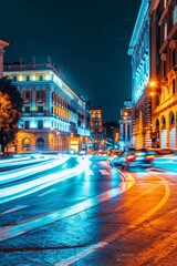 A  street in Rome at night, with light streaks and cars driving fast captured with long exposure.