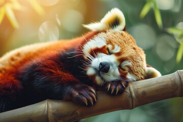 Poster - a red panda sleeping on a bamboo branch