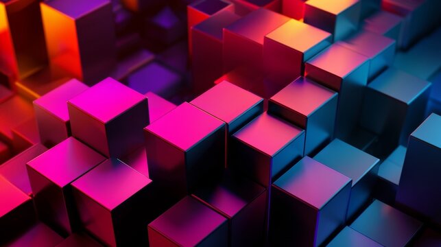 Colorful abstract 3D cubes with gradient lighting. Modern geometric background for technology, design, and art concepts.