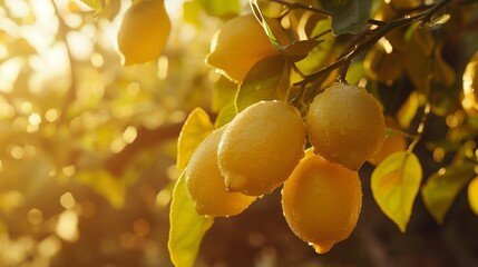 Wall Mural - A cluster of ripe, yellow lemons hanging from a tree branch.